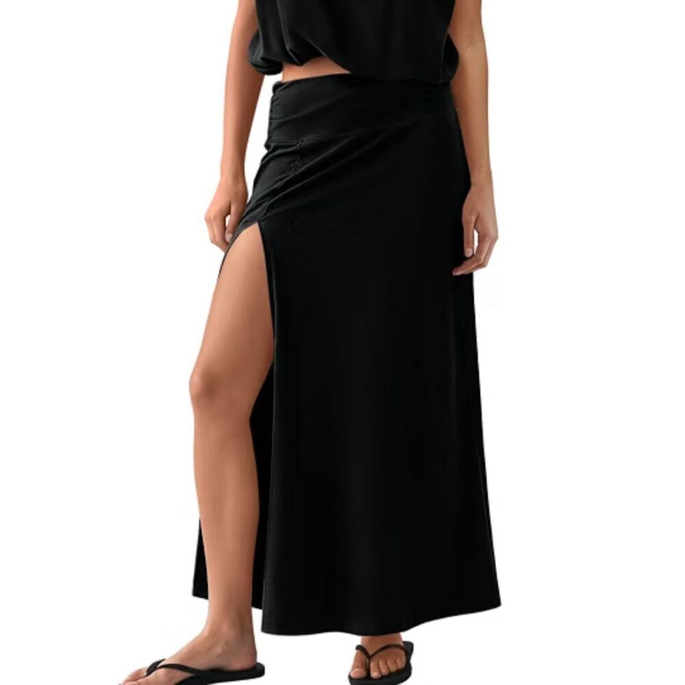 Casual Black Slit Maxi Skirt Flowy High-Waist Long Skirt Lounge Vacation
